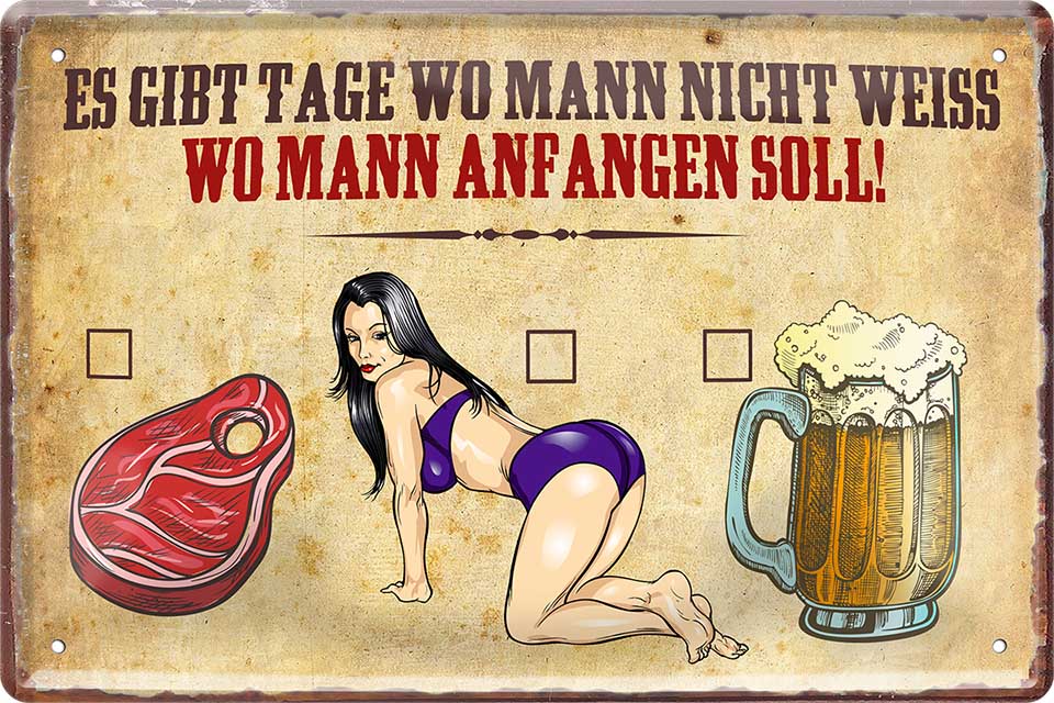 4252024219685 Schilderstore24 Schilderstore24 Blechschilder sind perfekt als Geschenk zu Weihnachten, Geburtstage, Feiern, Partys, Grillabende, Namenstag, Feiertag, Mädelsabend, Hochzeit. Jederzeit stilvoll im Wohnzimmer, Partykeller, Garage, Praxis, Büro, Café, Hauseingang Sarkasmus Ironie Funny Schwarzer Humor faul dumm fun rente lästern teufel	 ''Es gibt Tage (Fleisch, Frau, Bier)''		20x30cm