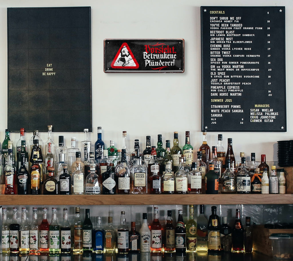 Tin sign "Beware drunken looters" 28x12cm