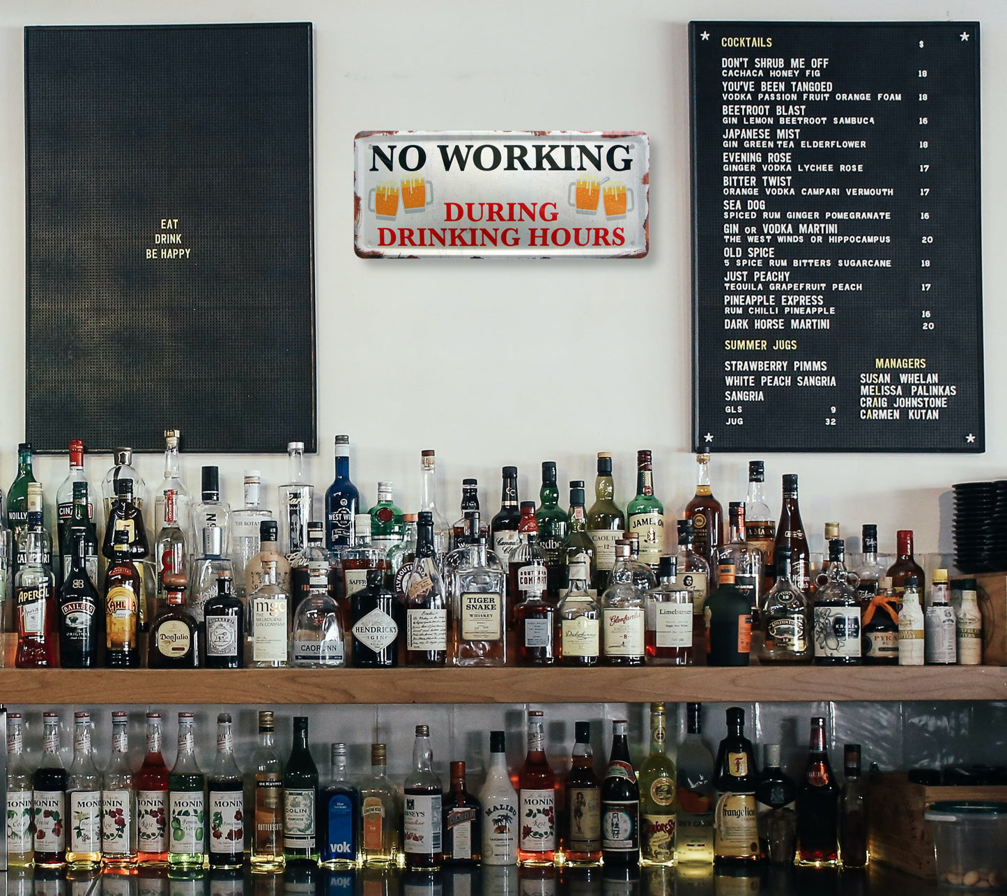 Tin sign ''No working during drinking hours'' 28x12cm