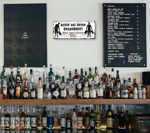 Tin sign ''Take care of your health. Buy two cases of beer'' 28x12cm