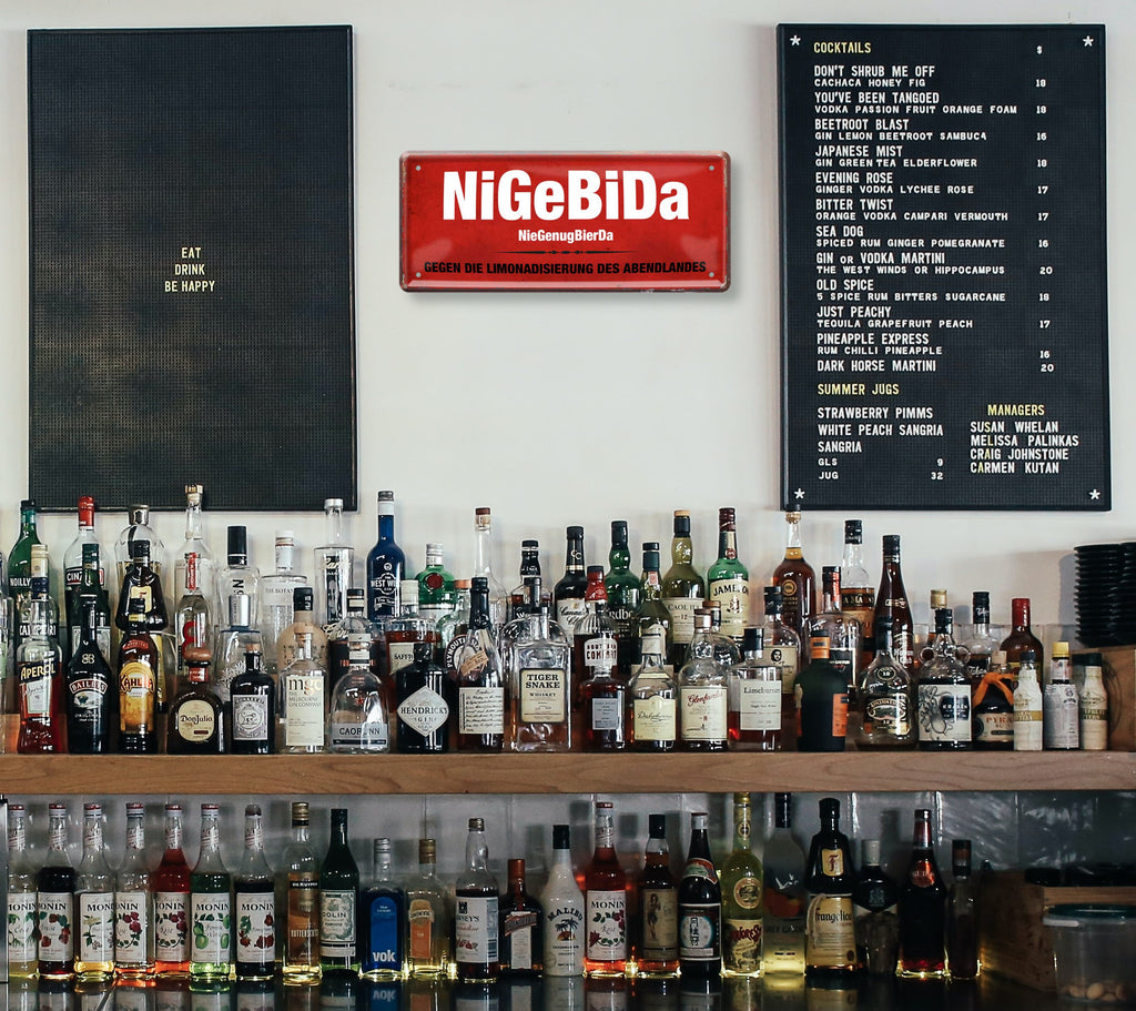 Tin sign "NiGeBiDa NieEnugBierDa" 28x12cm