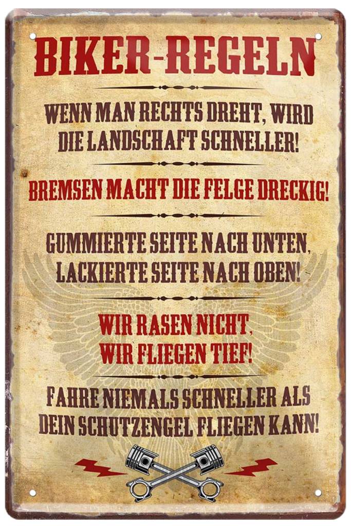 4252024220209 Schilderstore24 Schilderstore24 Blechschilder sind perfekt als Geschenk zu Weihnachten, Geburtstage, Feiern, Partys, Grillabende, Namenstag, Feiertag, Mädelsabend, Hochzeit. Jederzeit stilvoll im Wohnzimmer, Partykeller, Garage, Praxis, Büro, Café, Hauseingang Mechaniker Auto Motorrad Werkstatt auto werkstatt tüfteln schrauber	 ''Biker Regeln''		20x30cm