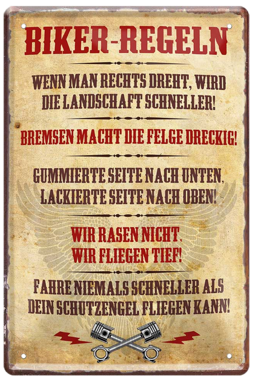 4252024220209 Schilderstore24 Schilderstore24 Blechschilder sind perfekt als Geschenk zu Weihnachten, Geburtstage, Feiern, Partys, Grillabende, Namenstag, Feiertag, Mädelsabend, Hochzeit. Jederzeit stilvoll im Wohnzimmer, Partykeller, Garage, Praxis, Büro, Café, Hauseingang Mechaniker Auto Motorrad Werkstatt auto werkstatt tüfteln schrauber	 ''Biker Regeln''		20x30cm