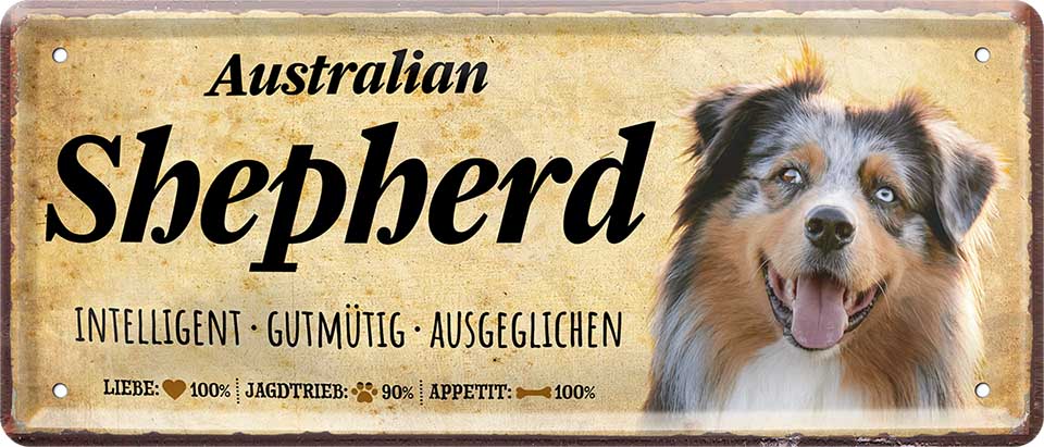 4252024224054 Schilderstore24 	Schilderstore24 Blechschilder sind perfekt als Geschenk zu Weihnachten, Geburtstage, Feiern, Partys, Grillabende, Namenstag, Feiertag, Mädelsabend, Hochzeit. Jederzeit stilvoll im Wohnzimmer, Partykeller, Garage, Praxis, Büro, Café, Hauseingang Haustier Tier Freund knuddelig Zuhause Katze Hund Hamster Meerschwein haustier ''Australian Shepperd''		28x12cm
