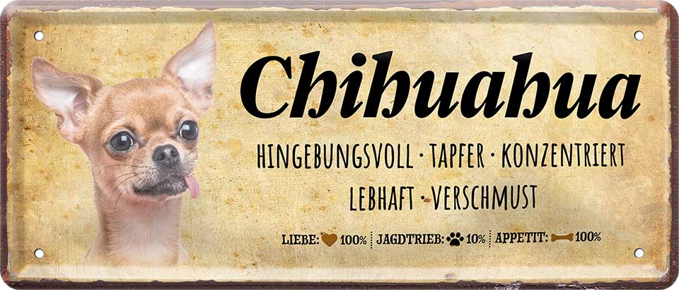 4252024224160 Schilderstore24 	Schilderstore24 Blechschilder sind perfekt als Geschenk zu Weihnachten, Geburtstage, Feiern, Partys, Grillabende, Namenstag, Feiertag, Mädelsabend, Hochzeit. Jederzeit stilvoll im Wohnzimmer, Partykeller, Garage, Praxis, Büro, Café, Hauseingang Haustier Tier Freund knuddelig Zuhause Katze Hund Hamster Meerschwein haustier ''Chihuahua''		28x12cm