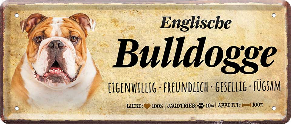 4252024224245 Schilderstore24 Schilderstore24 Blechschilder sind perfekt als Geschenk zu Weihnachten, Geburtstage, Feiern, Partys, Grillabende, Namenstag, Feiertag, Mädelsabend, Hochzeit. Jederzeit stilvoll im Wohnzimmer, Partykeller, Garage, Praxis, Büro, Café, Hauseingang Haustier Tier Freund knuddelig Zuhause Katze Hund Hamster Meerschwein haustier	 ''Englische Bulldogge''		28x12cm