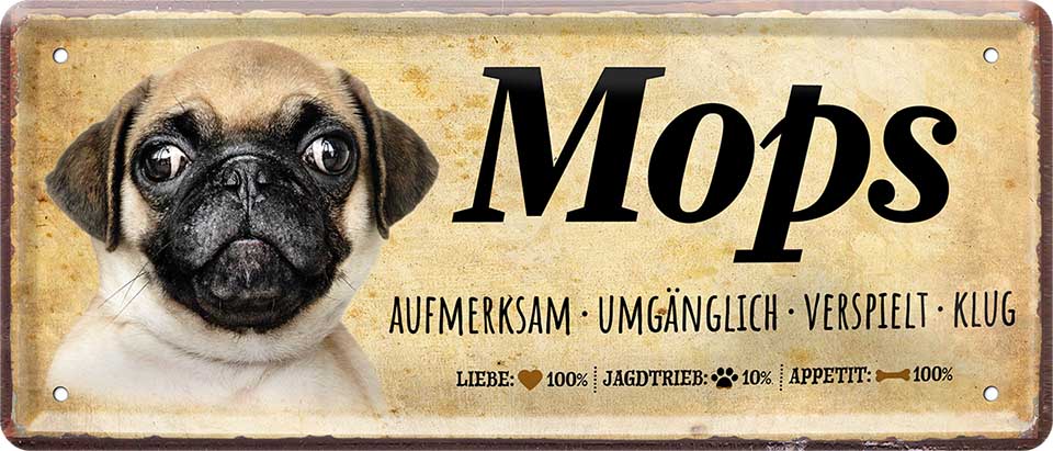 4252024224412 Schilderstore24 Schilderstore24 Blechschilder sind perfekt als Geschenk zu Weihnachten, Geburtstage, Feiern, Partys, Grillabende, Namenstag, Feiertag, Mädelsabend, Hochzeit. Jederzeit stilvoll im Wohnzimmer, Partykeller, Garage, Praxis, Büro, Café, Hauseingang Haustier Tier Freund knuddelig Zuhause Katze Hund Hamster Meerschwein haustier	 ''Mops''		28x12cm