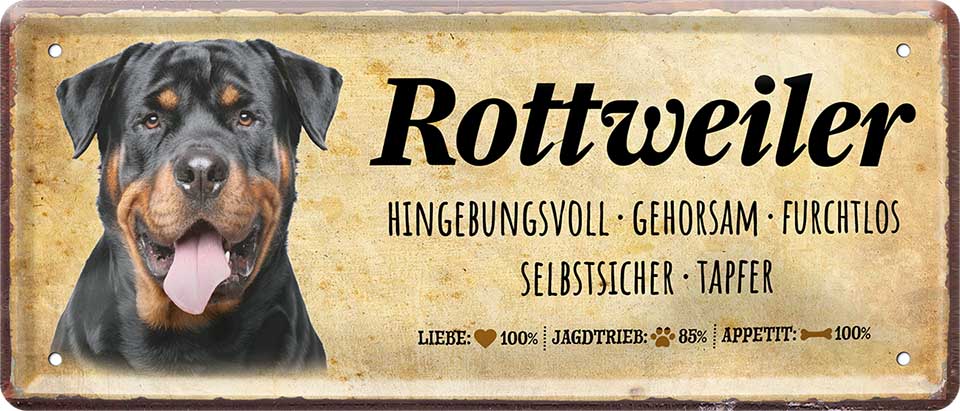 4252024224498 Schilderstore24 	Schilderstore24 Blechschilder sind perfekt als Geschenk zu Weihnachten, Geburtstage, Feiern, Partys, Grillabende, Namenstag, Feiertag, Mädelsabend, Hochzeit. Jederzeit stilvoll im Wohnzimmer, Partykeller, Garage, Praxis, Büro, Café, Hauseingang Haustier Tier Freund knuddelig Zuhause Katze Hund Hamster Meerschwein haustier ''Rottweiler''		28x12cm