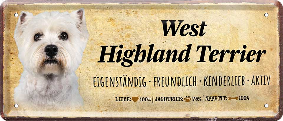 4252024224573 Schilderstore24 Schilderstore24 Blechschilder sind perfekt als Geschenk zu Weihnachten, Geburtstage, Feiern, Partys, Grillabende, Namenstag, Feiertag, Mädelsabend, Hochzeit. Jederzeit stilvoll im Wohnzimmer, Partykeller, Garage, Praxis, Büro, Café, Hauseingang Haustier Tier Freund knuddelig Zuhause Katze Hund Hamster Meerschwein haustier	 ''West Highland Terrier''		28x12cm