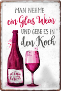 4252024213553	Schilderstore24 	 ''Man nehme ein Glas Wein und gebe es in den Koch''Schilderstore24 Blechschilder sind perfekt als Geschenk zu Weihnachten, Geburtstage, Feiern, Partys, Grillabende, Namenstag, Feiertag, Mädelsabend, Hochzeit. Jederzeit stilvoll im Wohnzimmer, Partykeller, Garage, Praxis, Büro, Café, Hauseingang Alkohol Cocktail Bier Sekt Getränk Bier Alkohol schnaps promille tequila   