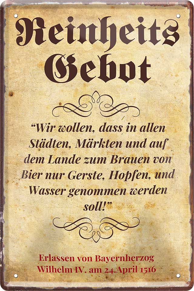 4252024213102 Schilderstore24 Schilderstore24 Blechschilder sind perfekt als Geschenk zu Weihnachten, Geburtstage, Feiern, Partys, Grillabende, Namenstag, Feiertag, Mädelsabend, Hochzeit. Jederzeit stilvoll im Wohnzimmer, Partykeller, Garage, Praxis, Büro, Café, Hauseingang Alkohol Cocktail Bier Sekt Getränk Bier Alkohol schnaps promille tequila   	 ''Reinheitsgebot (beiger Hintergrund)''		20x30cm