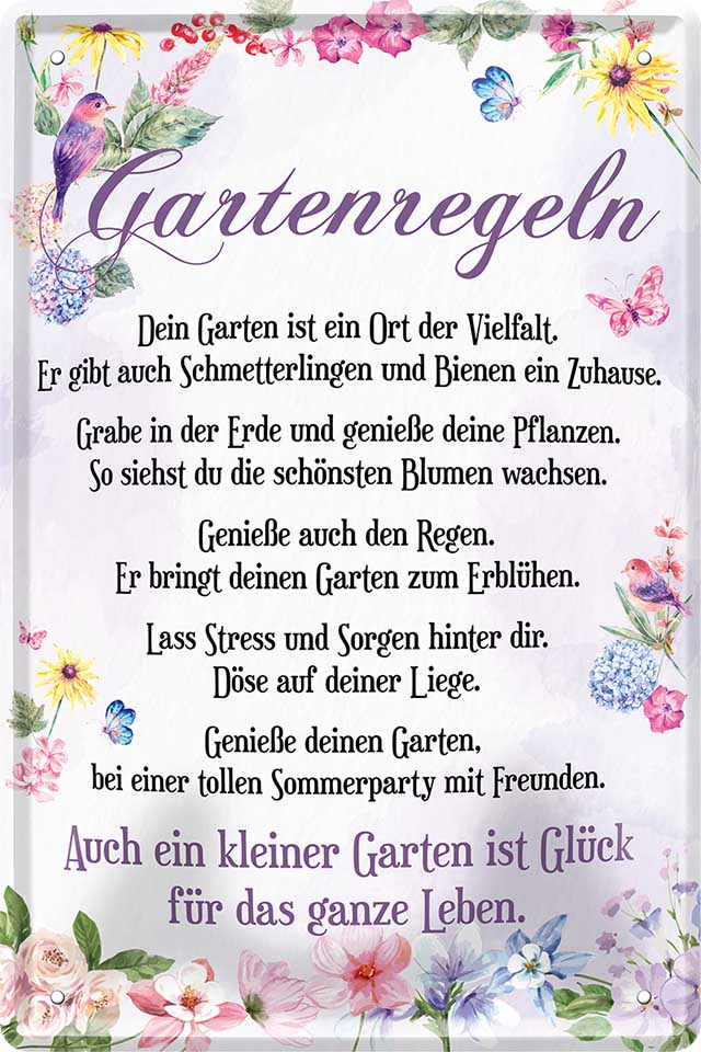 4252024217391 Schilderstore24 Schilderstore24 Blechschilder sind perfekt als Geschenk zu Weihnachten, Geburtstage, Feiern, Partys, Grillabende, Namenstag, Feiertag, Mädelsabend, Hochzeit. Jederzeit stilvoll im Wohnzimmer, Partykeller, Garage, Praxis, Büro, Café, Hauseingang Garten Haushalt Heim Zuhause Gartenarbeit Hausarbeit Zuhause Blumen	 ''Gartenregeln. Dein garten ist ein Ort der Vielfalt (weißer Hintergrund, Blumen)''		20x30cm