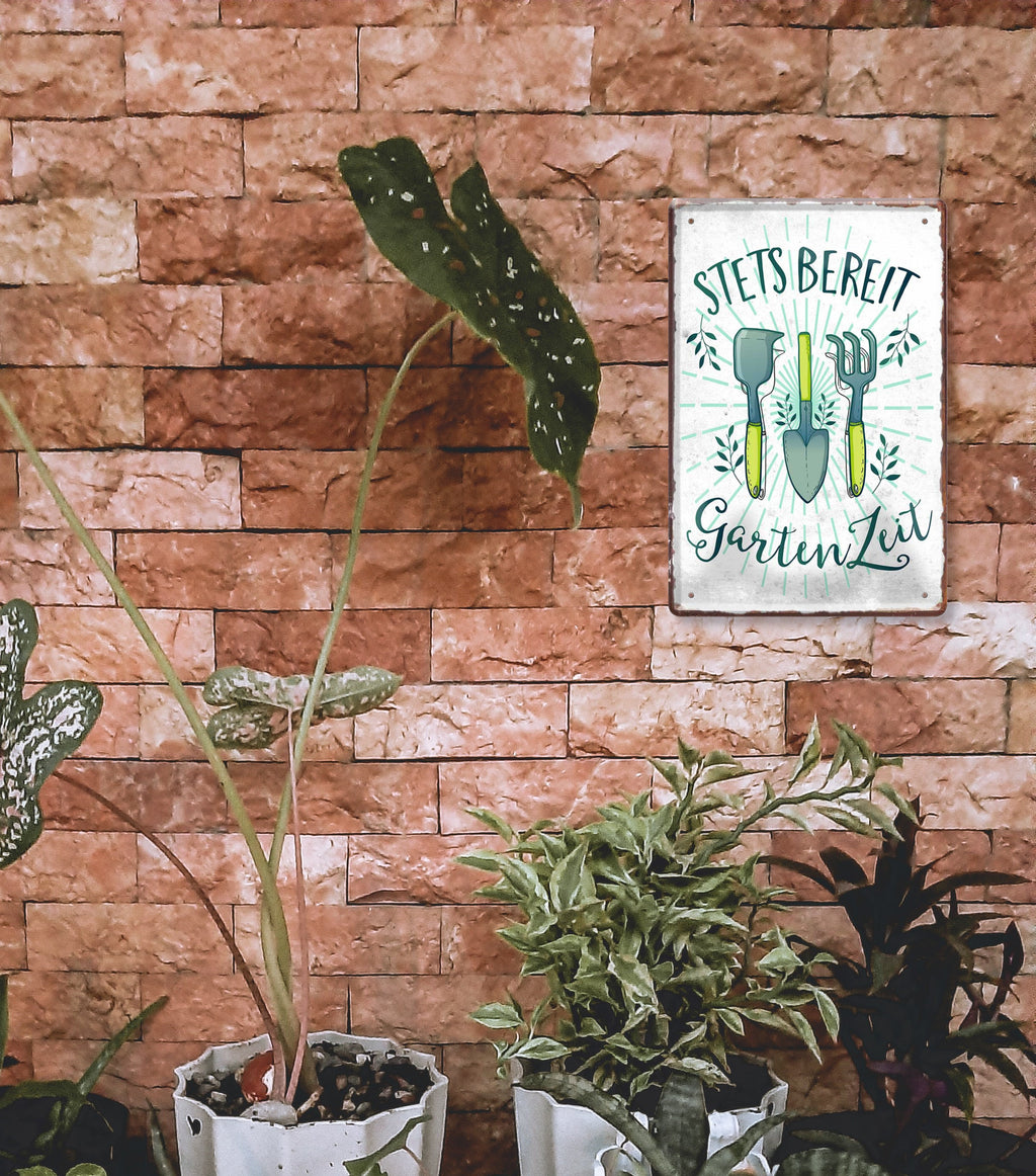 Blechschild ''Stets bereit GartenZeit (Gartenwerkzeuge)'' 20x30cm