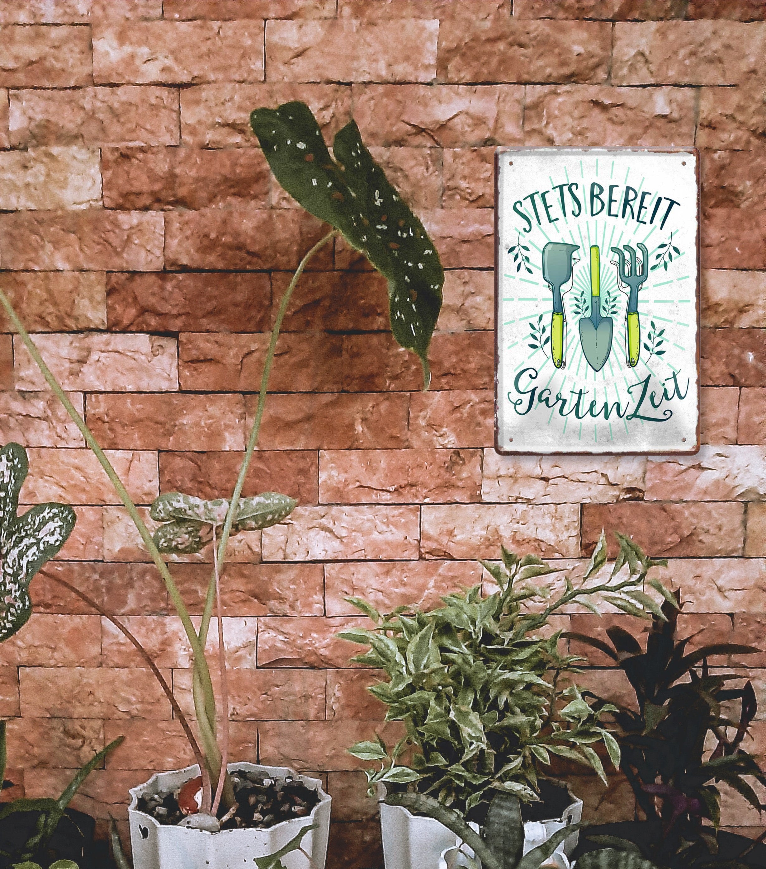 Blechschild ''Stets bereit GartenZeit (Gartenwerkzeuge)'' 20x30cm