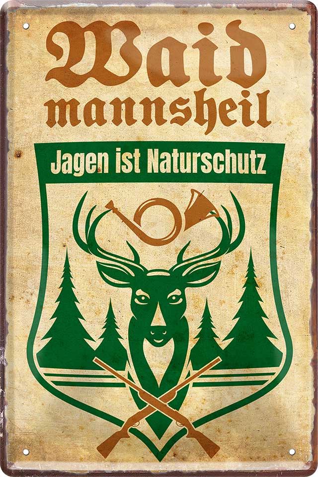4252024219463 Schilderstore24 Schilderstore24 Blechschilder sind perfekt als Geschenk zu Weihnachten, Geburtstage, Feiern, Partys, Grillabende, Namenstag, Feiertag, Mädelsabend, Hochzeit. Jederzeit stilvoll im Wohnzimmer, Partykeller, Garage, Praxis, Büro, Café, Hauseingang Sarkasmus Ironie Funny Schwarzer Humor faul dumm fun rente lästern teufel	 ''Waidmannsheil (Wappen Hirsch Tannen)''		20x30cm