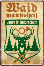 4252024219463 Schilderstore24 Schilderstore24 Blechschilder sind perfekt als Geschenk zu Weihnachten, Geburtstage, Feiern, Partys, Grillabende, Namenstag, Feiertag, Mädelsabend, Hochzeit. Jederzeit stilvoll im Wohnzimmer, Partykeller, Garage, Praxis, Büro, Café, Hauseingang Sarkasmus Ironie Funny Schwarzer Humor faul dumm fun rente lästern teufel	 ''Waidmannsheil (Wappen Hirsch Tannen)''		20x30cm