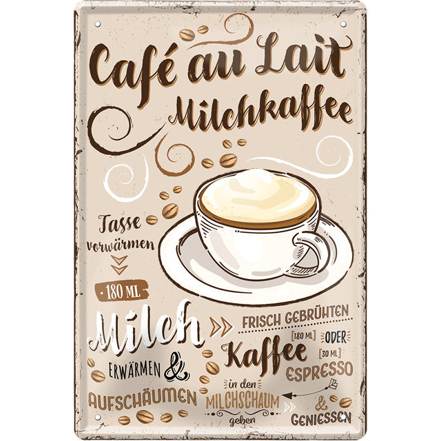 4252024215786 Schilderstore24 	Schilderstore24 Blechschilder sind perfekt als Geschenk zu Weihnachten, Geburtstage, Feiern, Partys, Grillabende, Namenstag, Feiertag, Mädelsabend, Hochzeit. Jederzeit stilvoll im Wohnzimmer, Partykeller, Garage, Praxis, Büro, Café, Hauseingang Lebensmittel Kaffee Kuchen Tee Grill crepes teigware süßigkeit essen grill wurst ''Cafe au Lait Milchkaffee''		20x30cm