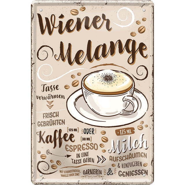 4252024215922 Schilderstore24 Schilderstore24 Blechschilder sind perfekt als Geschenk zu Weihnachten, Geburtstage, Feiern, Partys, Grillabende, Namenstag, Feiertag, Mädelsabend, Hochzeit. Jederzeit stilvoll im Wohnzimmer, Partykeller, Garage, Praxis, Büro, Café, Hauseingang Lebensmittel Kaffee Kuchen Tee Grill crepes teigware süßigkeit essen grill wurst	 ''Wiener Melange''		20x30cm