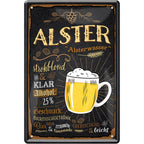 4252024214109	Schilderstore24 Schilderstore24 Blechschilder sind perfekt als Geschenk zu Weihnachten, Geburtstage, Feiern, Partys, Grillabende, Namenstag, Feiertag, Mädelsabend, Hochzeit. Jederzeit stilvoll im Wohnzimmer, Partykeller, Garage, Praxis, Büro, Café, Hauseingang Alkohol Cocktail Bier Sekt Getränk Bier Alkohol schnaps promille tequila   	 ''Alster''		20x30cm