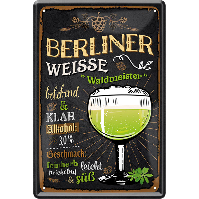 4252024214208 Schilderstore24 	Schilderstore24 Blechschilder sind perfekt als Geschenk zu Weihnachten, Geburtstage, Feiern, Partys, Grillabende, Namenstag, Feiertag, Mädelsabend, Hochzeit. Jederzeit stilvoll im Wohnzimmer, Partykeller, Garage, Praxis, Büro, Café, Hauseingang Alkohol Kasten Bier Saufen Getränk Bier Alkohol schaumkrone promille hopfen ''Berliner Weisse Waldmeister''		20x30cm