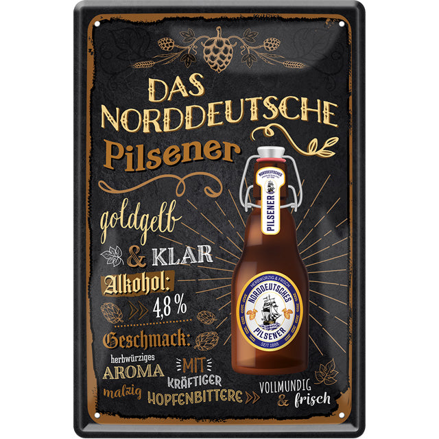 4252024214284 Schilderstore24 Schilderstore24 Blechschilder sind perfekt als Geschenk zu Weihnachten, Geburtstage, Feiern, Partys, Grillabende, Namenstag, Feiertag, Mädelsabend, Hochzeit. Jederzeit stilvoll im Wohnzimmer, Partykeller, Garage, Praxis, Büro, Café, Hauseingang Alkohol Kasten Bier Saufen Getränk Bier Alkohol schaumkrone promille hopfen	 ''Das Norddeutsche Pilsner (Flasche)''		20x30cm