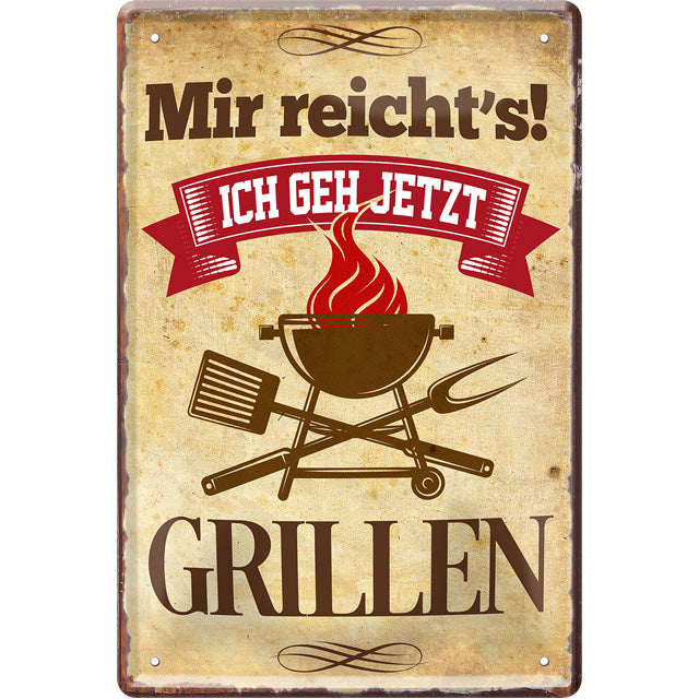 4252024215953 Schilderstore24 Schilderstore24 Blechschilder sind perfekt als Geschenk zu Weihnachten, Geburtstage, Feiern, Partys, Grillabende, Namenstag, Feiertag, Mädelsabend, Hochzeit. Jederzeit stilvoll im Wohnzimmer, Partykeller, Garage, Praxis, Büro, Café, Hauseingang Lebensmittel Kaffee Kuchen Tee Grill crepes teigware süßigkeit essen grill wurst	 ''Mir reicht´s! Grillen''		20x30cm