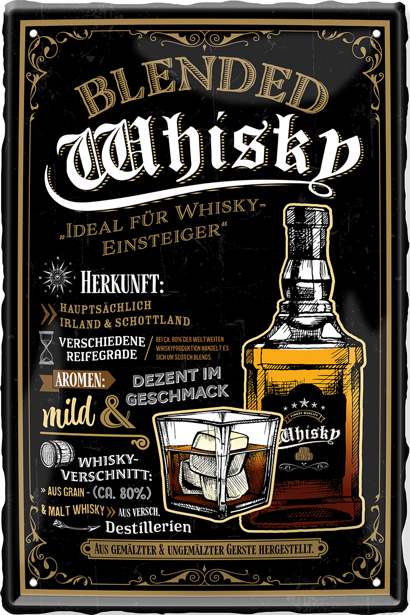 4252024215038 Schilderstore24 Blechschilder sind perfekt als Geschenk zu Weihnachten, Geburtstage, Feiern, Partys, Grillabende, Namenstag, Feiertag, Mädelsabend, Hochzeit. Jederzeit stilvoll im Wohnzimmer, Partykeller, Garage, Praxis, Büro, Café, Hauseingang Alkohol Cocktail Whiskey Getränk Bier Alkohol schnaps promille tequila   	 ''Blended Whiskey''