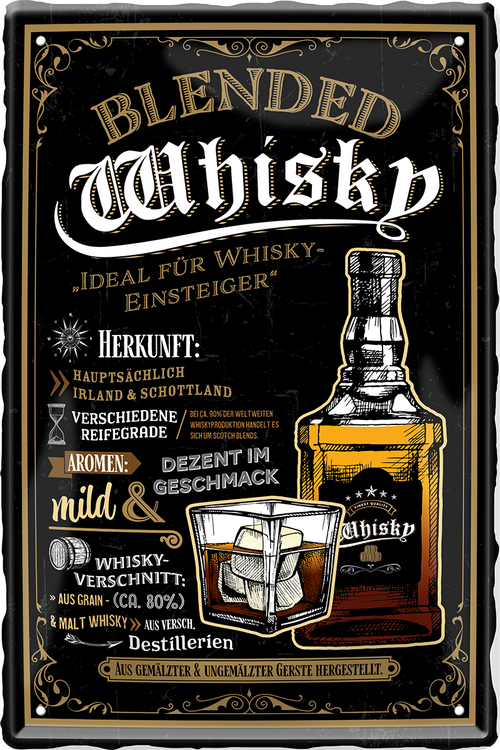 4252024215038 Schilderstore24 Blechschilder sind perfekt als Geschenk zu Weihnachten, Geburtstage, Feiern, Partys, Grillabende, Namenstag, Feiertag, Mädelsabend, Hochzeit. Jederzeit stilvoll im Wohnzimmer, Partykeller, Garage, Praxis, Büro, Café, Hauseingang Alkohol Cocktail Whiskey Getränk Bier Alkohol schnaps promille tequila   	 ''Blended Whiskey''