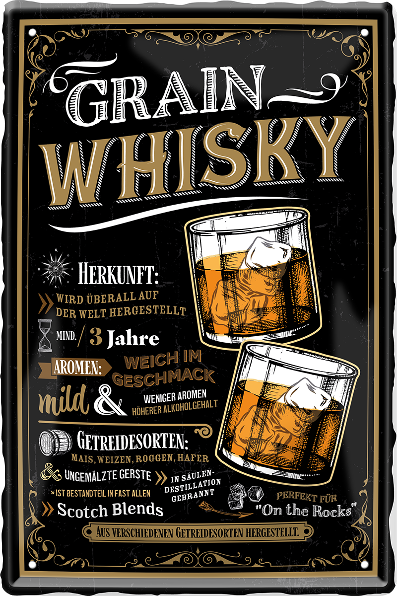 4252024215076 Schilderstore24 Blechschilder sind perfekt als Geschenk zu Weihnachten, Geburtstage, Feiern, Partys, Grillabende, Namenstag, Feiertag, Mädelsabend, Hochzeit. Jederzeit stilvoll im Wohnzimmer, Partykeller, Garage, Praxis, Büro, Café, Hauseingang Alkohol Cocktail Whiskey Getränk Bier Alkohol schnaps promille tequila   	 ''Grain Whiskey''