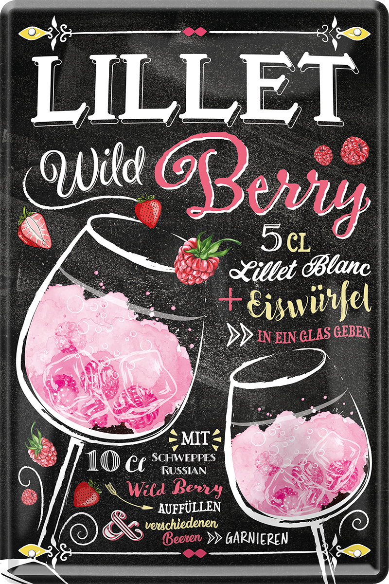 4252024214819	Schilderstore24 	 ''Lillet Wild Berry'' Schilderstore24 Blechschilder sind perfekt als Geschenk zu Weihnachten, Geburtstage, Feiern, Partys, Grillabende, Namenstag, Feiertag, Mädelsabend, Hochzeit. Jederzeit stilvoll im Wohnzimmer, Partykeller, Garage, Praxis, Büro, Café, Hauseingang Alkohol Cocktail Likör Sekt Getränk Alkohol promille schnaps saufen cocktails