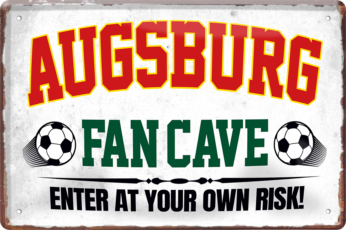 4252024216820	Schilderstore24 	 ''Augsburg Fan Cave'' Schilderstore24 Blechschilder sind perfekt als Geschenk zu Weihnachten, Geburtstage, Feiern, Partys, Grillabende, Namenstag, Feiertag, Mädelsabend, Hochzeit. Jederzeit stilvoll im Wohnzimmer, Partykeller, Garage, Praxis, Büro, Café, Hauseingang Fußball Mannschaft Verein Bolzen Ball sport liga kicken stadion freizeit