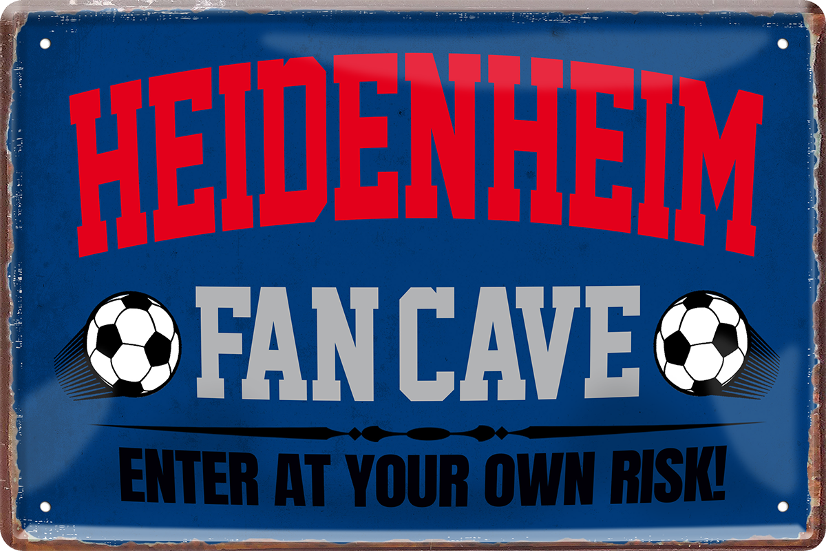 4252024217032	Schilderstore24 	 ''Heidenheim Fan Cave'' Schilderstore24 Blechschilder sind perfekt als Geschenk zu Weihnachten, Geburtstage, Feiern, Partys, Grillabende, Namenstag, Feiertag, Mädelsabend, Hochzeit. Jederzeit stilvoll im Wohnzimmer, Partykeller, Garage, Praxis, Büro, Café, Hauseingang Fußball Mannschaft Verein Bolzen Ball sport liga kicken stadion freizeit