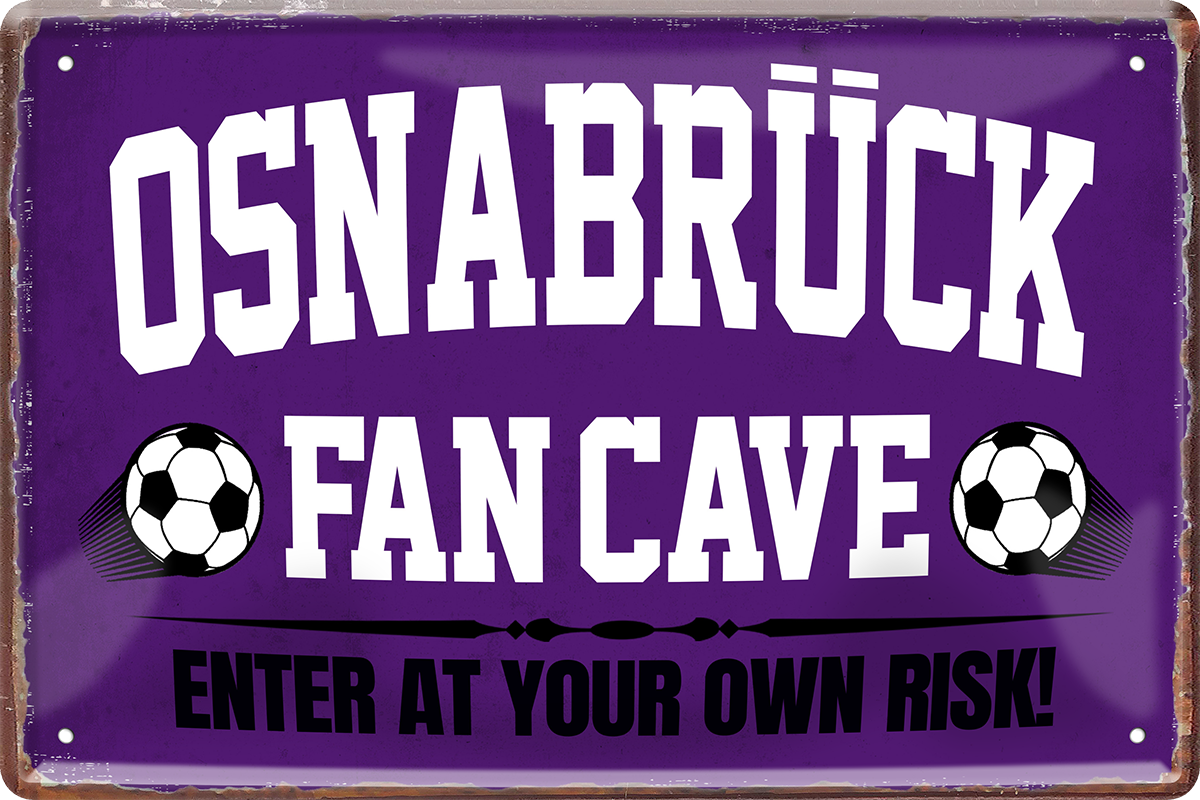 4252024217186	Schilderstore24 	 ''Osnabrück Fan Cave'' Schilderstore24 Blechschilder sind perfekt als Geschenk zu Weihnachten, Geburtstage, Feiern, Partys, Grillabende, Namenstag, Feiertag, Mädelsabend, Hochzeit. Jederzeit stilvoll im Wohnzimmer, Partykeller, Garage, Praxis, Büro, Café, Hauseingang Fußball Mannschaft Verein Bolzen Ball sport liga kicken stadion freizeit