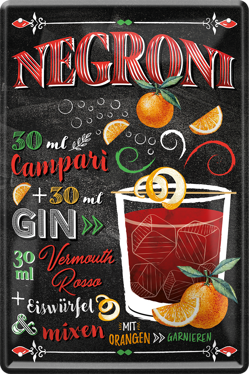 4252024214956	Schilderstore24 	 ''Negroni'' Schilderstore24 Blechschilder sind perfekt als Geschenk zu Weihnachten, Geburtstage, Feiern, Partys, Grillabende, Namenstag, Feiertag, Mädelsabend, Hochzeit. Jederzeit stilvoll im Wohnzimmer, Partykeller, Garage, Praxis, Büro, Café, Hauseingang Alkohol Cocktail Likör Sekt Getränk Alkohol promille schnaps saufen cocktails