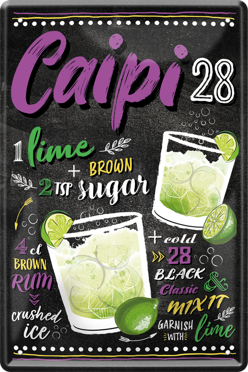 4252024236071		 ''Caipi 28'' Schilderstore24 Blechschilder sind perfekt als Geschenk zu Weihnachten, Geburtstage, Feiern, Partys, Grillabende, Namenstag, Feiertag, Mädelsabend, Hochzeit. Jederzeit stilvoll im Wohnzimmer, Partykeller, Garage, Praxis, Büro, Café, Hauseingang Alkohol Cocktail Likör Sekt Getränk Alkohol promille schnaps saufen cocktails