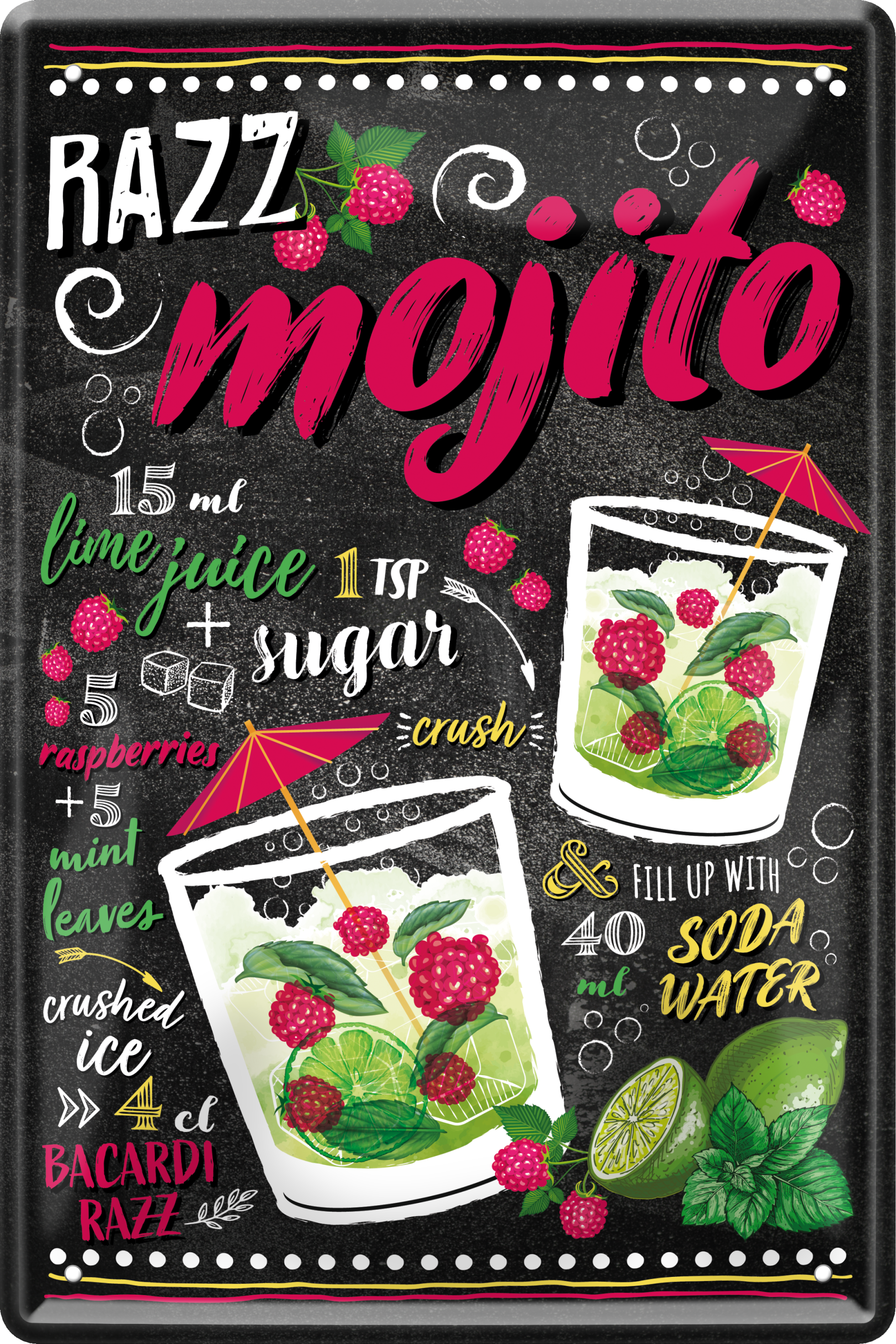 4252024236132		 ''Razz Mojito'' Schilderstore24 Blechschilder sind perfekt als Geschenk zu Weihnachten, Geburtstage, Feiern, Partys, Grillabende, Namenstag, Feiertag, Mädelsabend, Hochzeit. Jederzeit stilvoll im Wohnzimmer, Partykeller, Garage, Praxis, Büro, Café, Hauseingang Alkohol Cocktail Likör Sekt Getränk Alkohol promille schnaps saufen cocktails
