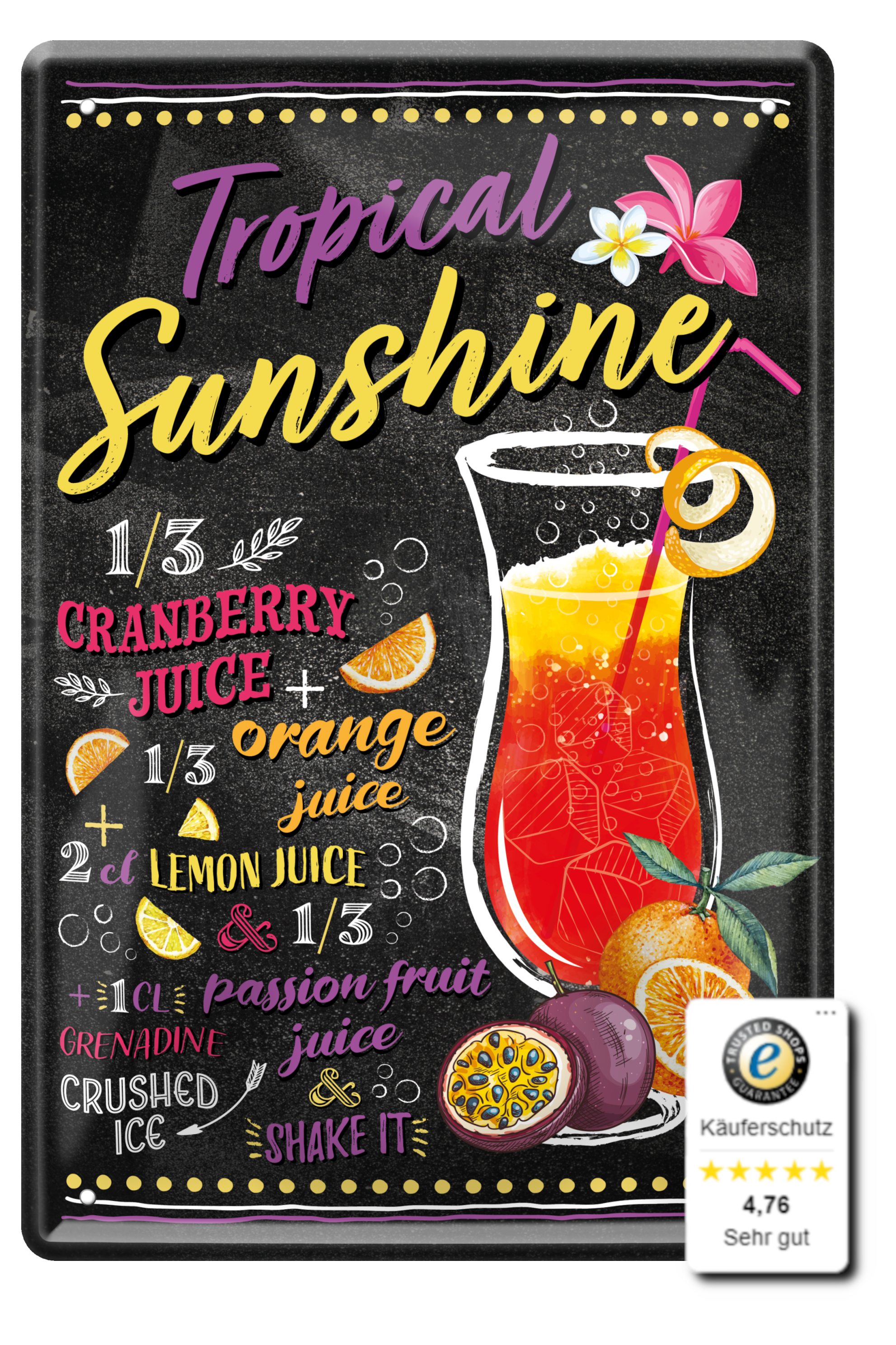 Blechschilder ''Cocktailrezepte 5 von 5'' Caipi 28, Cinderella, Pornstar, Tropical Sunshine uvm. 20x30cm