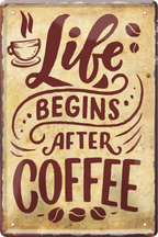 4252024236347		 ''Life begins after coffee (kleine Tasse)'' Schilderstore24 Blechschilder sind perfekt als Geschenk zu Weihnachten, Geburtstage, Feiern, Partys, Grillabende, Namenstag, Feiertag, Mädelsabend, Hochzeit. Jederzeit stilvoll im Wohnzimmer, Partykeller, Garage, Praxis, Büro, Café, Hauseingang Lebensmittel Kaffee Kuchen Sucht café coffee kaffeemaschine getränk essen