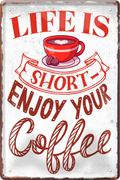 4252024236354		 ''Life is short enjoy your coffee'' Schilderstore24 Blechschilder sind perfekt als Geschenk zu Weihnachten, Geburtstage, Feiern, Partys, Grillabende, Namenstag, Feiertag, Mädelsabend, Hochzeit. Jederzeit stilvoll im Wohnzimmer, Partykeller, Garage, Praxis, Büro, Café, Hauseingang Lebensmittel Kaffee Kuchen Sucht café coffee kaffeemaschine getränk essen