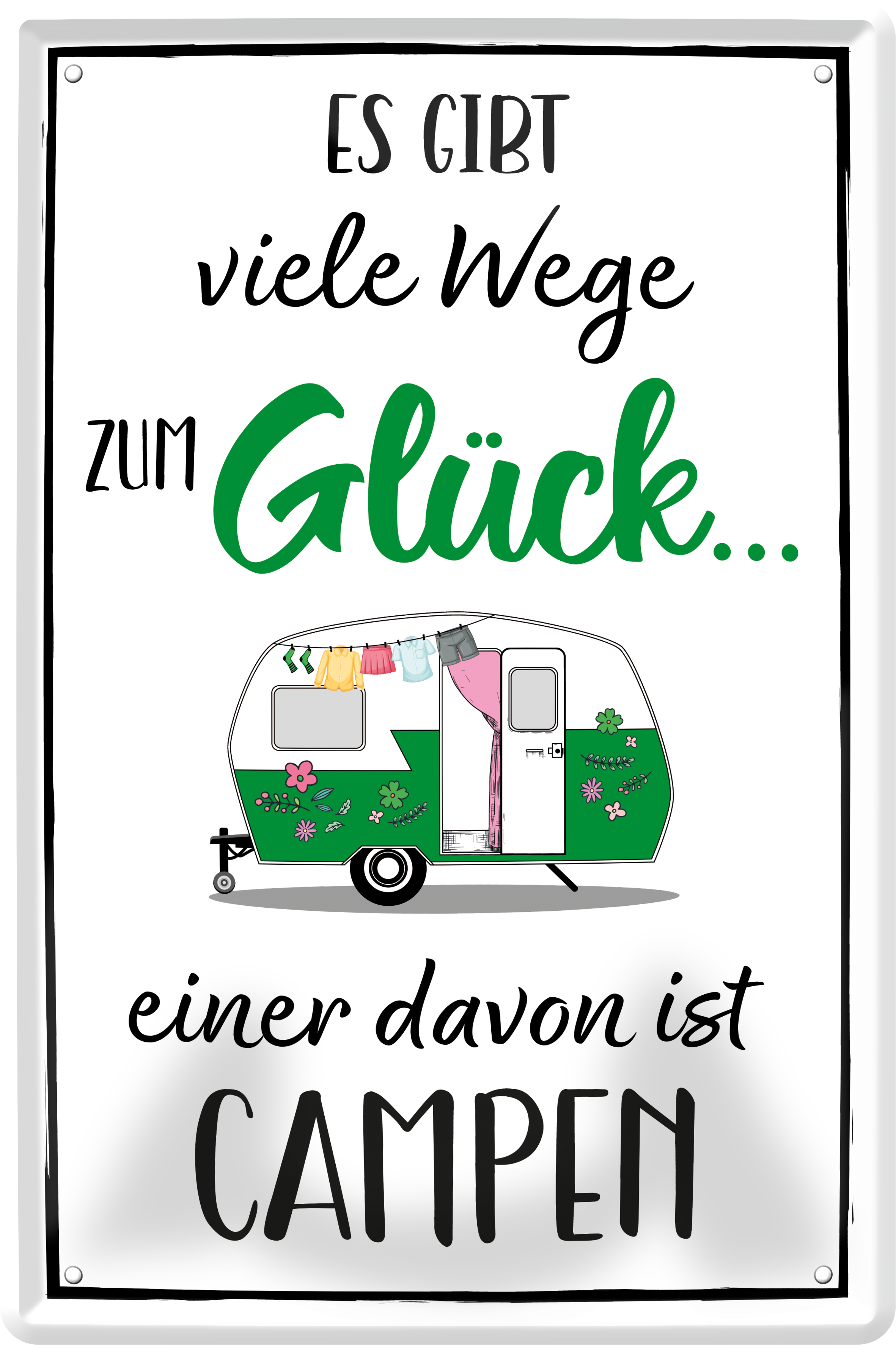 4252024236040		 ''Es gibt viele Wege zum Glück Campen (Wohnanhänger)'' Schilderstore24 Blechschilder sind perfekt als Geschenk zu Weihnachten, Geburtstage, Feiern, Partys, Grillabende, Namenstag, Feiertag, Mädelsabend, Hochzeit. Jederzeit stilvoll im Wohnzimmer, Partykeller, Garage, Praxis, Büro, Café, Hauseingang Sarkasmus Ironie Funny Schwarzer Humor faul dumm fun rente lästern teufel