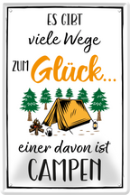 4252024236057		 ''Es gibt viele Wege zum Glück Campen (Zelt)'' Schilderstore24 Blechschilder sind perfekt als Geschenk zu Weihnachten, Geburtstage, Feiern, Partys, Grillabende, Namenstag, Feiertag, Mädelsabend, Hochzeit. Jederzeit stilvoll im Wohnzimmer, Partykeller, Garage, Praxis, Büro, Café, Hauseingang Camping Natur Wald Freiheit wandern campen outdoor natur roadtripp