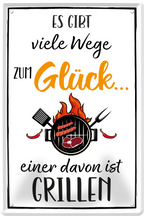 4252024236163		 ''Es gibt viele Wege zum Glück Grillen'' Schilderstore24 Blechschilder sind perfekt als Geschenk zu Weihnachten, Geburtstage, Feiern, Partys, Grillabende, Namenstag, Feiertag, Mädelsabend, Hochzeit. Jederzeit stilvoll im Wohnzimmer, Partykeller, Garage, Praxis, Büro, Café, Hauseingang Lebensmittel Kaffee Kuchen Tee Grill crepes teigware süßigkeit essen grill wurst