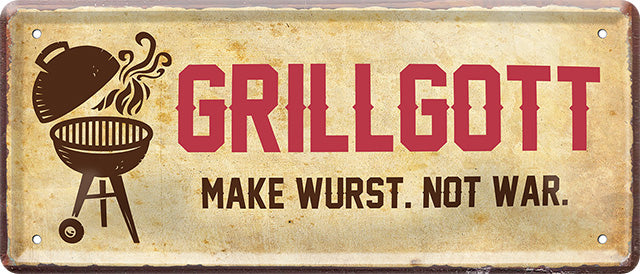 4252024223347 Schilderstore24 	Schilderstore24 Blechschilder sind perfekt als Geschenk zu Weihnachten, Geburtstage, Feiern, Partys, Grillabende, Namenstag, Feiertag, Mädelsabend, Hochzeit. Jederzeit stilvoll im Wohnzimmer, Partykeller, Garage, Praxis, Büro, Café, Hauseingang Lebensmittel Kaffee Kuchen Tee Grill crepes teigware süßigkeit essen grill wurst ''Grillgott. Make Wurst, not War''		28x12cm