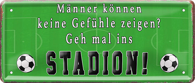 4252024226645 Schilderstore24 Schilderstore24 Blechschilder sind perfekt als Geschenk zu Weihnachten, Geburtstage, Feiern, Partys, Grillabende, Namenstag, Feiertag, Mädelsabend, Hochzeit. Jederzeit stilvoll im Wohnzimmer, Partykeller, Garage, Praxis, Büro, Café, Hauseingang Sarkasmus Ironie Funny Schwarzer Humor faul dumm fun rente lästern teufel	 ''Männer können keine Gefühle Zeigen.. Stadion''		28x12cm