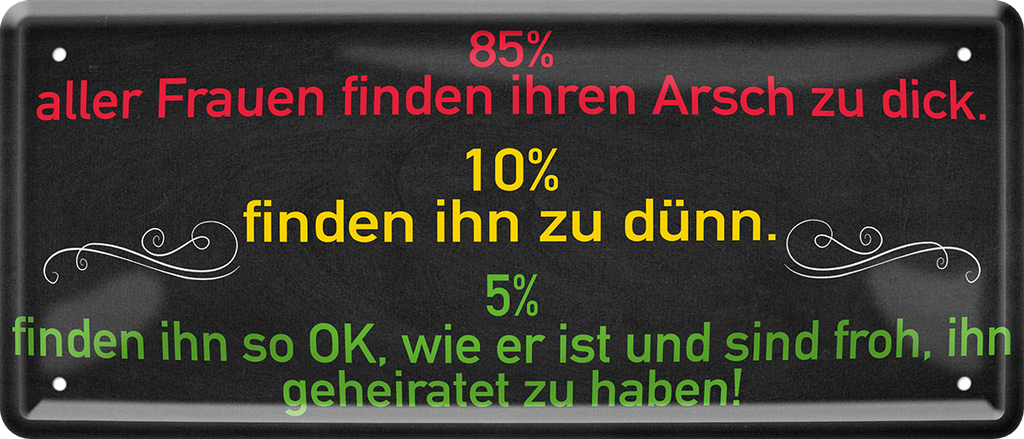 4252024226676 Schilderstore24 Blechschilder sind perfekt als Geschenk zu Weihnachten, Geburtstage, Feiern, Partys, Grillabende, Namenstag, Feiertag, Mädelsabend, Hochzeit. Jederzeit stilvoll im Wohnzimmer, Partykeller, Garage, Praxis, Büro, Café, Hauseingang Sarkasmus Ironie Funny Schwarzer Humor faul dumm fun rente lästern teufel	 ''85% aller Frauen finden Arsch zu dick''	