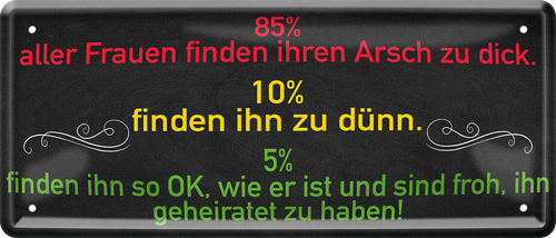 4252024226676 Schilderstore24 Blechschilder sind perfekt als Geschenk zu Weihnachten, Geburtstage, Feiern, Partys, Grillabende, Namenstag, Feiertag, Mädelsabend, Hochzeit. Jederzeit stilvoll im Wohnzimmer, Partykeller, Garage, Praxis, Büro, Café, Hauseingang Sarkasmus Ironie Funny Schwarzer Humor faul dumm fun rente lästern teufel	 ''85% aller Frauen finden Arsch zu dick''	