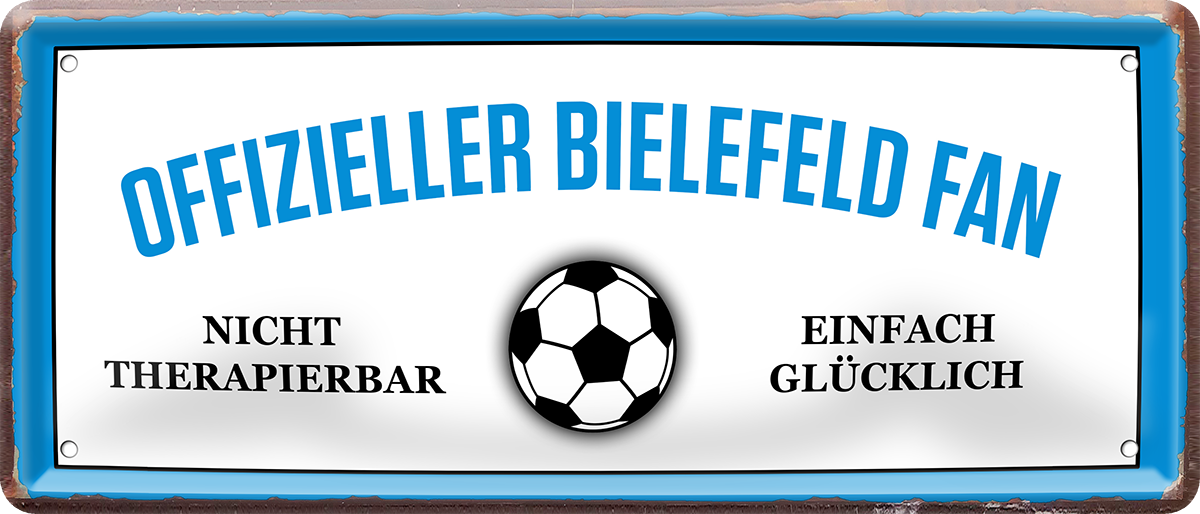 4252024227642	Schilderstore24 Blechschilder sind perfekt als Geschenk zu Weihnachten, Geburtstage, Feiern, Partys, Grillabende, Namenstag, Feiertag, Mädelsabend, Hochzeit. Jederzeit stilvoll im Wohnzimmer, Partykeller, Garage, Praxis, Büro, Café, Hauseingang Fußball Mannschaft Verein Bolzen Ball sport liga kicken stadion freizeit Schilderstore24 	 ''Offizieller Bielefeld Fan''