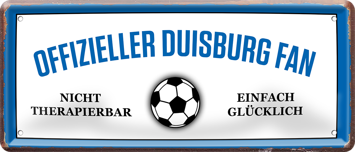 4252024227666	Schilderstore24 Blechschilder sind perfekt als Geschenk zu Weihnachten, Geburtstage, Feiern, Partys, Grillabende, Namenstag, Feiertag, Mädelsabend, Hochzeit. Jederzeit stilvoll im Wohnzimmer, Partykeller, Garage, Praxis, Büro, Café, Hauseingang Fußball Mannschaft Verein Bolzen Ball sport liga kicken stadion freizeit Schilderstore24 	 ''Offizieller Duisburg Fan''