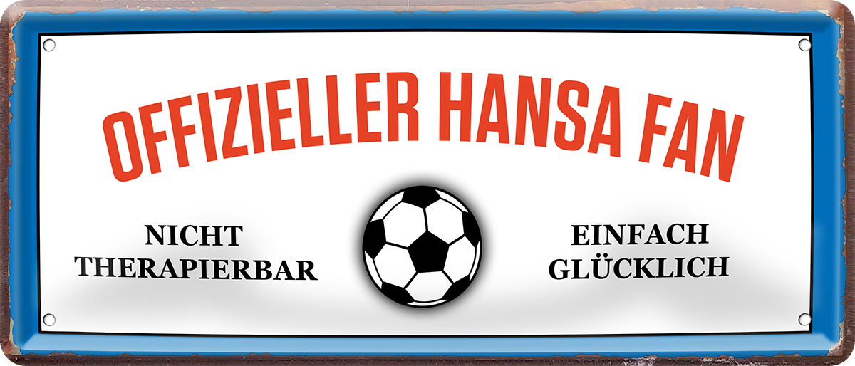 4252024227697	Schilderstore24 Blechschilder sind perfekt als Geschenk zu Weihnachten, Geburtstage, Feiern, Partys, Grillabende, Namenstag, Feiertag, Mädelsabend, Hochzeit. Jederzeit stilvoll im Wohnzimmer, Partykeller, Garage, Praxis, Büro, Café, Hauseingang Fußball Mannschaft Verein Bolzen Ball sport liga kicken stadion freizeit Schilderstore24 	 ''Offizieller Hansa Fan''