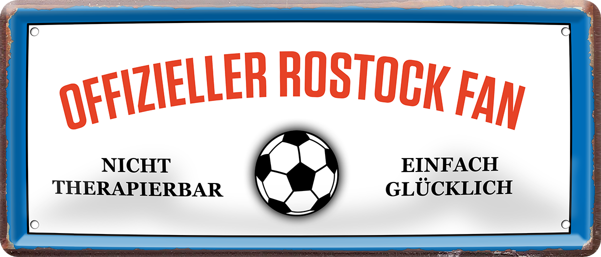 4252024227727	Schilderstore24 Blechschilder sind perfekt als Geschenk zu Weihnachten, Geburtstage, Feiern, Partys, Grillabende, Namenstag, Feiertag, Mädelsabend, Hochzeit. Jederzeit stilvoll im Wohnzimmer, Partykeller, Garage, Praxis, Büro, Café, Hauseingang Fußball Mannschaft Verein Bolzen Ball sport liga kicken stadion freizeit Schilderstore24 	 ''Offizieller Rostock Fan''